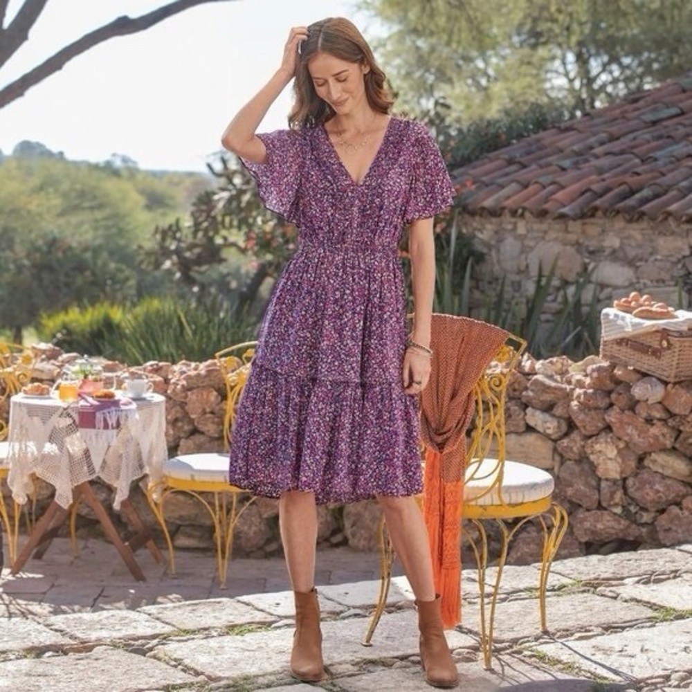 Sundance Mulberry Crepe Purple Floral Flutter Sleeve Ruffled Mini Dress Petite